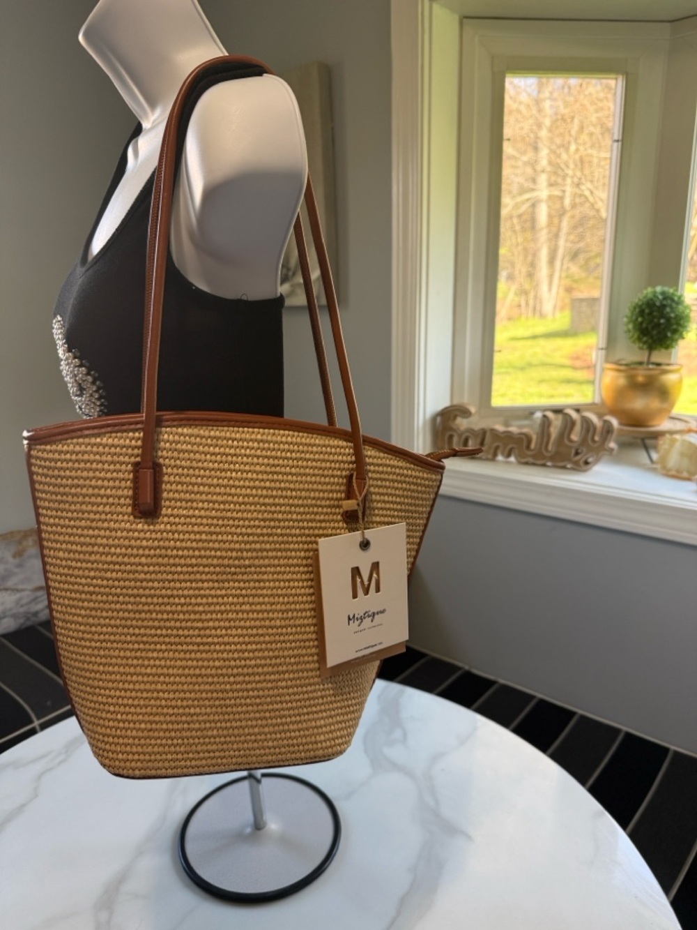 Mignon Tan Straw Tote with Brown Trim and Straps